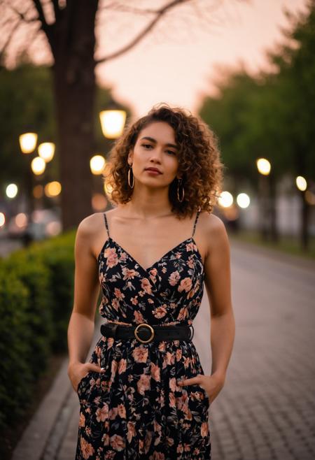 00081-Midshot, woman, dusk setting, outdoor, floral dress, black belt, standing, bokeh background, street lights, tree-lined pathway,.png